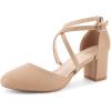 imageGreatonu Womens Low Block Heeled Dress Pumps Closed Round Toe Cross Strap Wedding Bridal Party Office Shoes 25 InchNude Pu