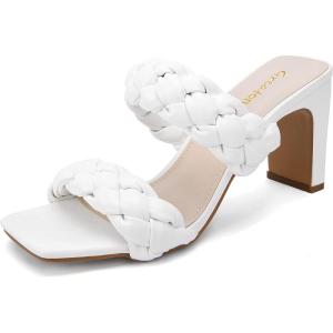 imageGreatonu Braided Sandals for Women Square Toe Block Heeled Sandals Two Strappy Mule Dress ShoesWhite