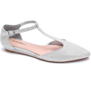 imageGreatonu Women Pointed Toe T Strap Low Wedge Dress Flat Shoes