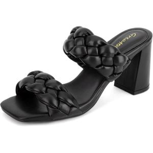 imageGreatonu Womens Braided Heeled Sandals Square Open Toe Summer Heels Slip On Dressy Sandals with Chunky Heel 335 InchBlack