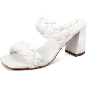imageGreatonu Womens Braided Heeled Sandals Square Open Toe Summer Heels Slip On Dressy Sandals with Chunky Heel 335 InchWhite