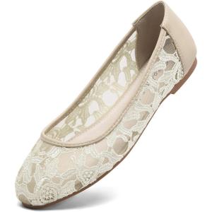 imageGreatonu Womens Flats Cut Out Round Toe Slip On Floral Ballet Flat Comfortable Lace Flats DressyBeige