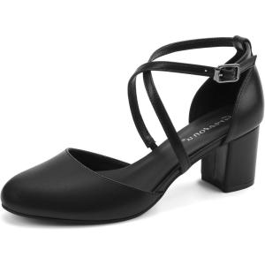 imageGreatonu Womens Low Block Heeled Dress Pumps Closed Round Toe Cross Strap Wedding Bridal Party Office Shoes 25 InchBlack Pu