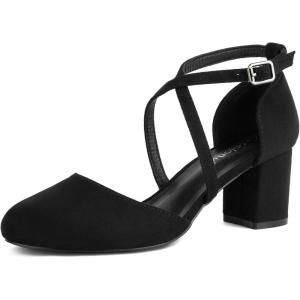 imageGreatonu Womens Low Block Heeled Dress Pumps Closed Round Toe Cross Strap Wedding Bridal Party Office Shoes 25 InchBlack Suede