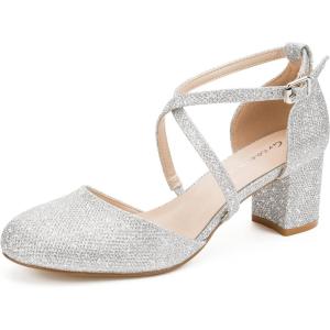 imageGreatonu Womens Low Block Heeled Dress Pumps Closed Round Toe Cross Strap Wedding Bridal Party Office Shoes 25 InchSliver Glitter