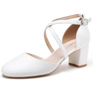 imageGreatonu Womens Low Block Heeled Dress Pumps Closed Round Toe Cross Strap Wedding Bridal Party Office Shoes 25 InchWhite Pu