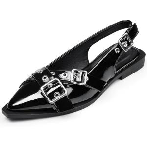 imageGreatonu Womens Slingback Flats Buckle Pointed Closed Toe Flat Shoes Comfortable Low Block Heel Mary Jane Casual Party Dressy ShoesBlack Patent Cross Strap