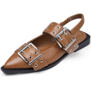 imageGreatonu Womens Slingback Flats Buckle Pointed Closed Toe Flat Shoes Comfortable Low Block Heel Mary Jane Casual Party Dressy ShoesBrown Pu Mary Jane