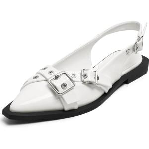 imageGreatonu Womens Slingback Flats Buckle Pointed Closed Toe Flat Shoes Comfortable Low Block Heel Mary Jane Casual Party Dressy ShoesWhite Patent Cross Strap