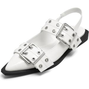 imageGreatonu Womens Slingback Flats Buckle Pointed Closed Toe Flat Shoes Comfortable Low Block Heel Mary Jane Casual Party Dressy ShoesWhite Patent Mary Jane