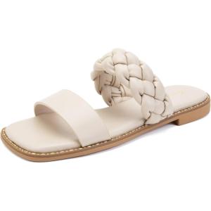 imageGreatonu Womens Square Toe Braided Flat Sandals Dressy Summer Open Toe Slides Sandals for Women 2025 Strappy Slip On Woven SandalsBeige2