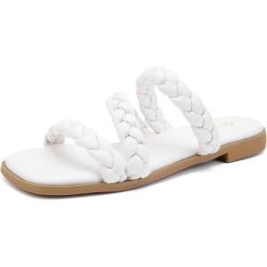 imageGreatonu Womens Square Toe Braided Flat Sandals Dressy Summer Open Toe Slides Sandals for Women 2025 Strappy Slip On Woven SandalsWhite