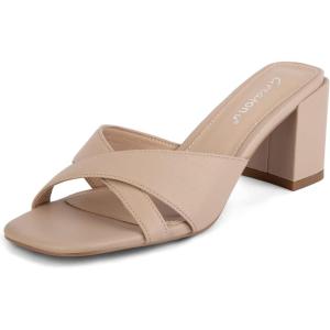 imageGreatonu Womens Square Toe Summer Heels Mules Cross Strap Slip on 25 Inch kitten Heeled SandalsBeige Block Heel
