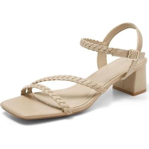 imageGreatonu Womens Braided Strappy Heeled Sandals 197 inch Low Chunky Block Heels Square Open Toe Ankle Strap Sandal Heels Dressy Sandals 2025 Party Wedding Prom ShoesBeige