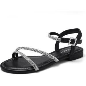 imageGreatonu Womens Rhinestone Flat Sandals with Ankle Strap Open Toe Sandals Wedding Bridal Prom Sparkly Bling Comfortable Dressy SandalsBlack