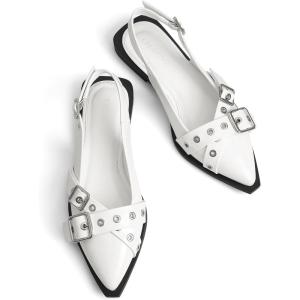 imageGreatonu Womens Slingback Flats for Women Ballerina Shoes Studs Buckle Flat Shoes Cross Strap Closed Toe Sandals Pointed Toe Ballet Flats Casual Party Dressy ShoesWhite Patent Cross Strap