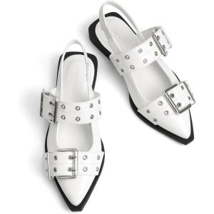 imageGreatonu Womens Slingback Flats for Women Ballerina Shoes Studs Buckle Flat Shoes Cross Strap Closed Toe Sandals Pointed Toe Ballet Flats Casual Party Dressy ShoesWhite Patent Mary Jane