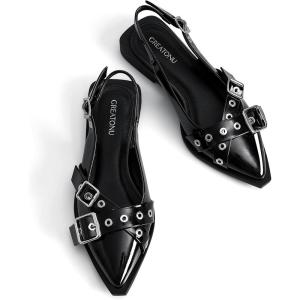 imageGreatonu Womens Slingback Flats for Women Ballerina Shoes Studs Buckle Flat Shoes Cross Strap Closed Toe Sandals Pointed Toe Ballet Flats Casual Party Dressy ShoesBlack Patent Cross Strap