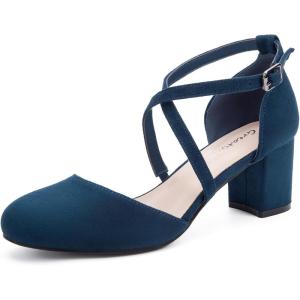 imageGreatonu Womens Low Block Heeled Dress Pumps Closed Round Toe Cross Strap Wedding Bridal Party Office Shoes 25 InchNavy