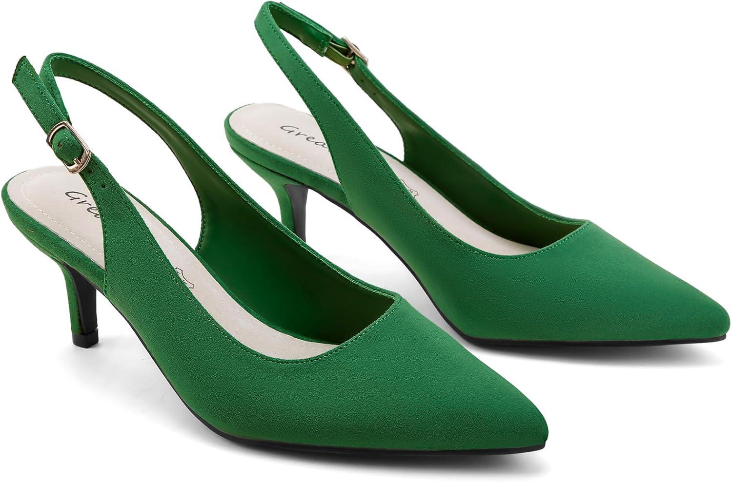 imageGreatonu Womens Slingback Kitten Heel Pointed Toe Dress Pumps ShoesGreen