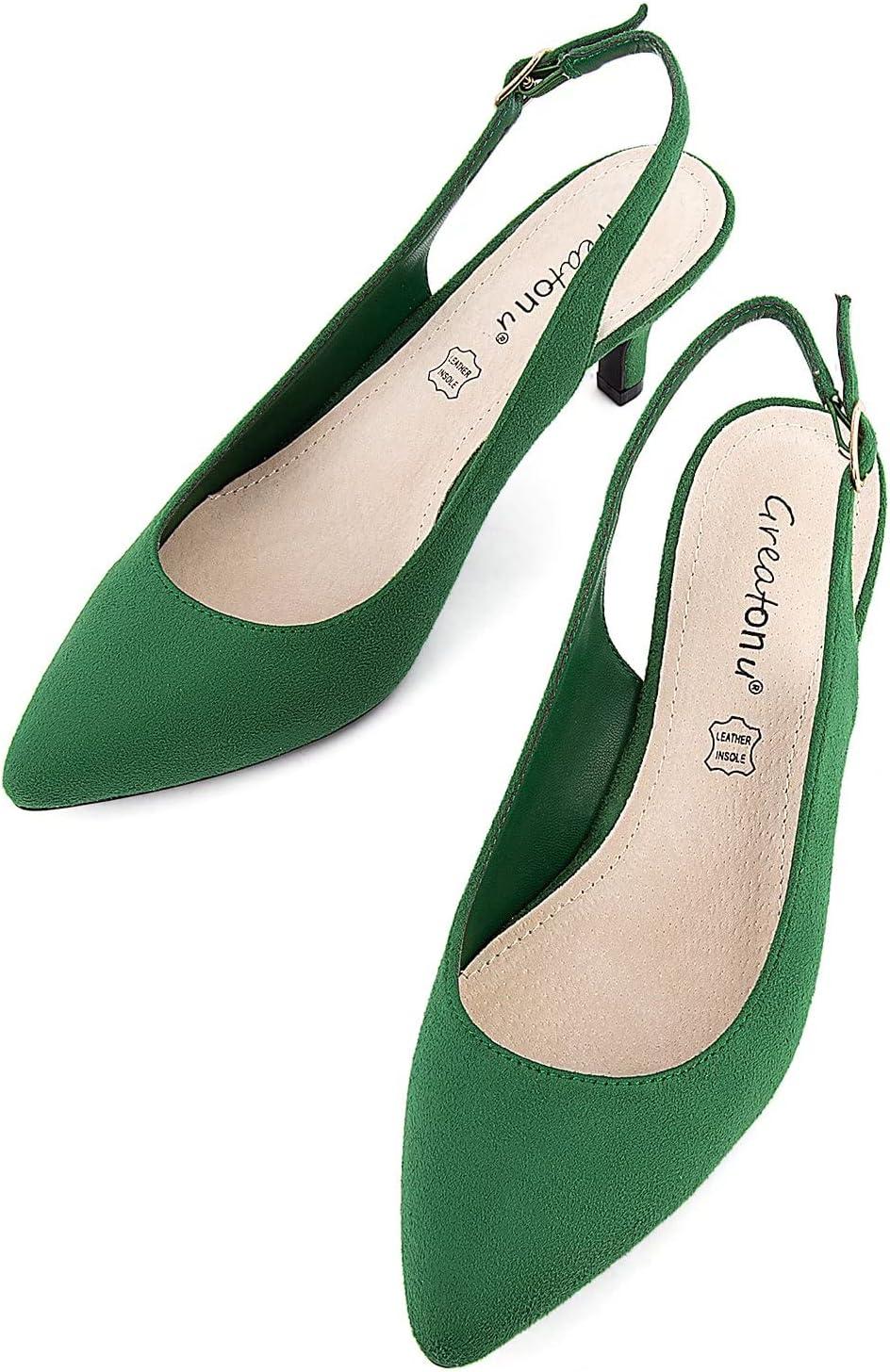 imageGreatonu Womens Slingback Kitten Heel Pointed Toe Dress Pumps ShoesGreen