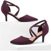 imageGreatonu Womens Low Heeled Closed Pointed Toe Pumps Kitten Heel Cross Strap Wedding Bridal Party Office Dress ShoesBurgundy