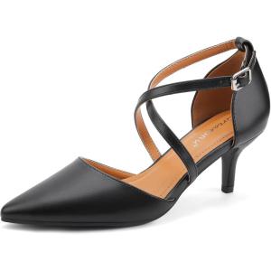 imageGreatonu Womens Low Heeled Closed Pointed Toe Pumps Kitten Heel Cross Strap Wedding Bridal Party Office Dress ShoesBlackpu