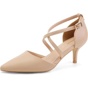 imageGreatonu Womens Low Heeled Closed Pointed Toe Pumps Kitten Heel Cross Strap Wedding Bridal Party Office Dress ShoesNude Pu