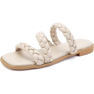 imageGreatonu Womens Square Toe Braided Flat Sandals Dressy Summer Open Toe Slides Sandals for Women 2025 Strappy Slip On Woven SandalsBeige