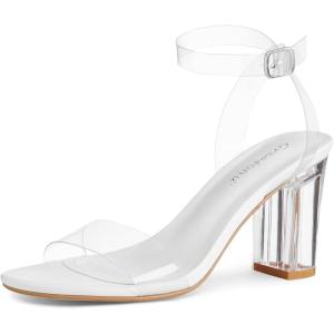 imageGreatonu Clear Heels Sandals for Women 2026 Open Toe Ankle Strap Clear Chunky Heels Sandal Dressy Party Wedding Shoes Transparent High Heeled SandalsWhite