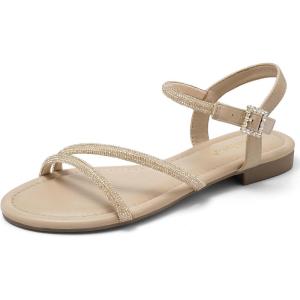 imageGreatonu Sandals for Women 2026 Dressy Rhinestone Flat Sandals for Wedding ampamp Evening Sparkly Bridal Sandals with Comfortable Ankle StrapBeige