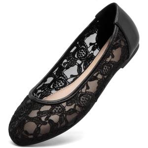 image:imageGreatonu Womens Ballet Flats Round Toe Slip on Lace ballerina Flat Comfortable Wedding Casual Dressy Floral Flats ShoesBlack