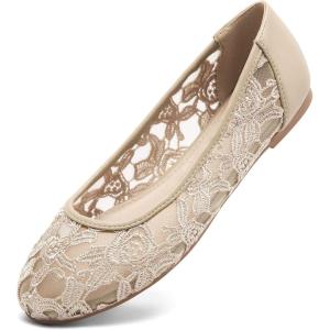 image:imageGreatonu Womens Ballet Flats Round Toe Slip on Lace ballerina Flat Comfortable Wedding Casual Dressy Floral Flats ShoesNude