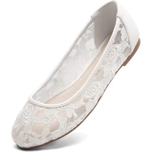 image:imageGreatonu Womens Ballet Flats Round Toe Slip on Lace ballerina Flat Comfortable Wedding Casual Dressy Floral Flats ShoesWhite